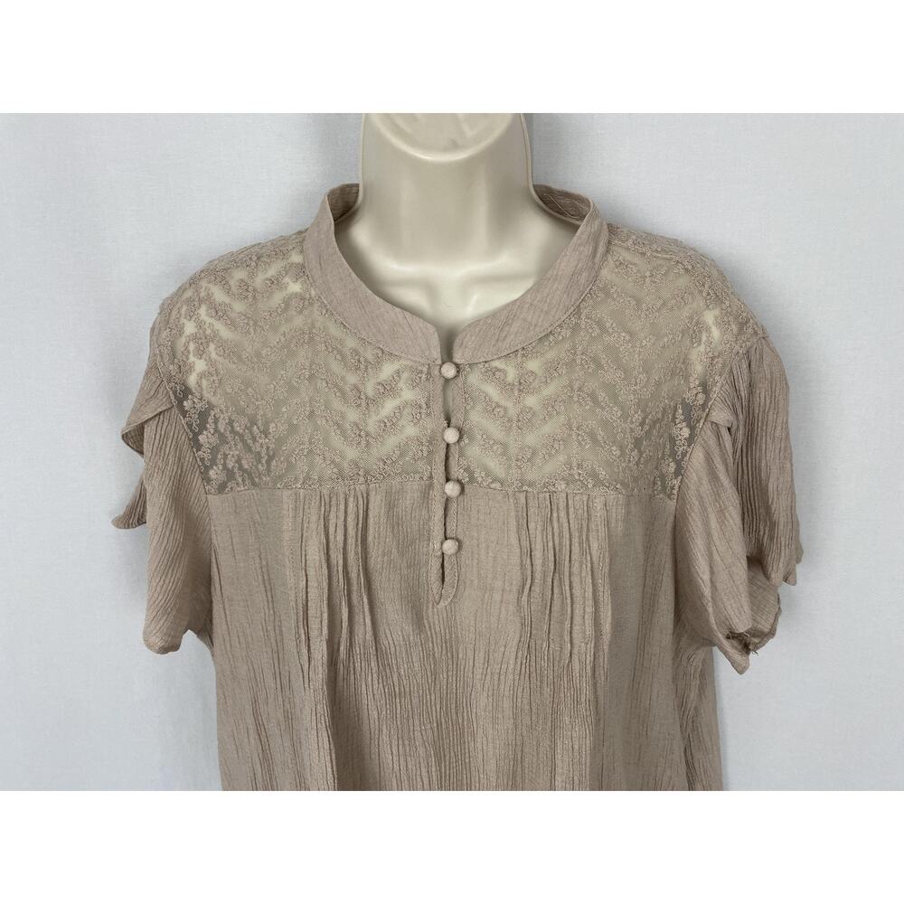 Perch Blu Pepper Tunic Top Womens 3XL Beige Lace Henley Flutter Boho Crinkle 3X - Picture 2 of 13